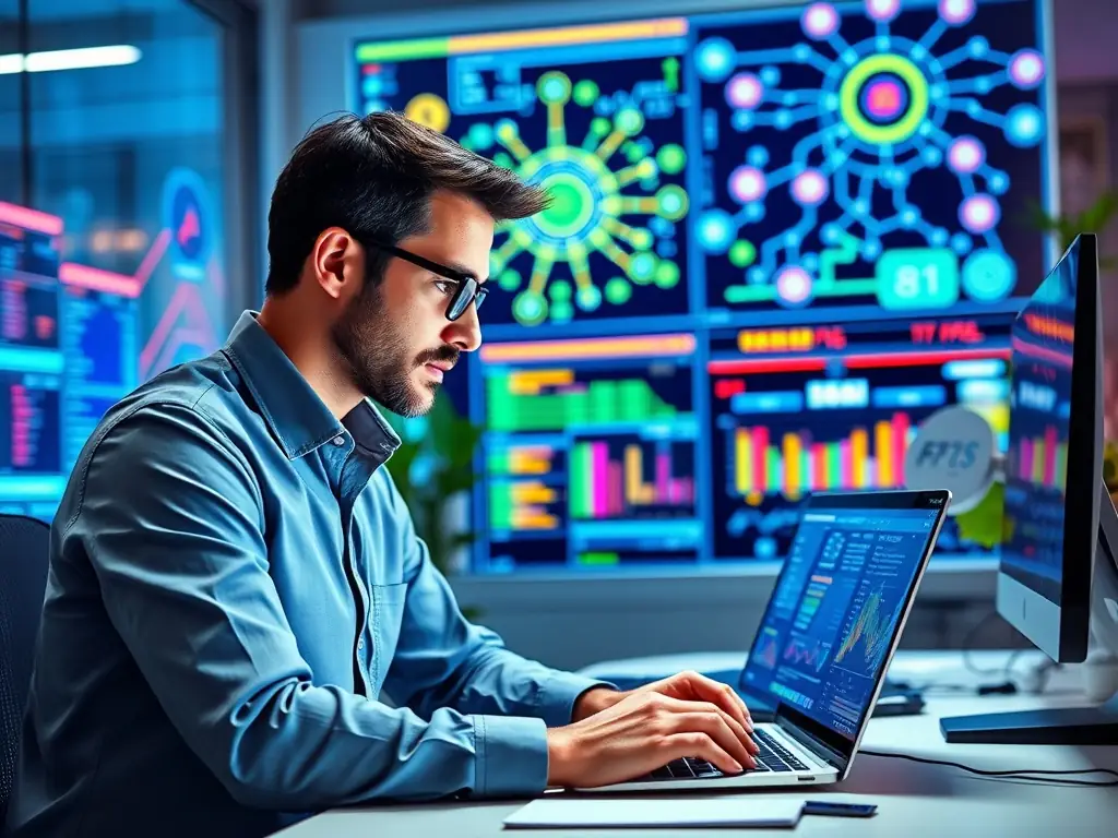 A professional IT consultant analyzing network infrastructure diagrams on a large monitor in a modern office setting, showcasing expertise and attention to detail.