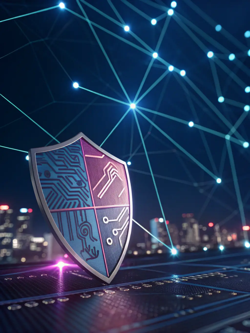 A digital illustration of a shield with a lock icon inside, representing data protection and cybersecurity for CMB Management Group LLC.
