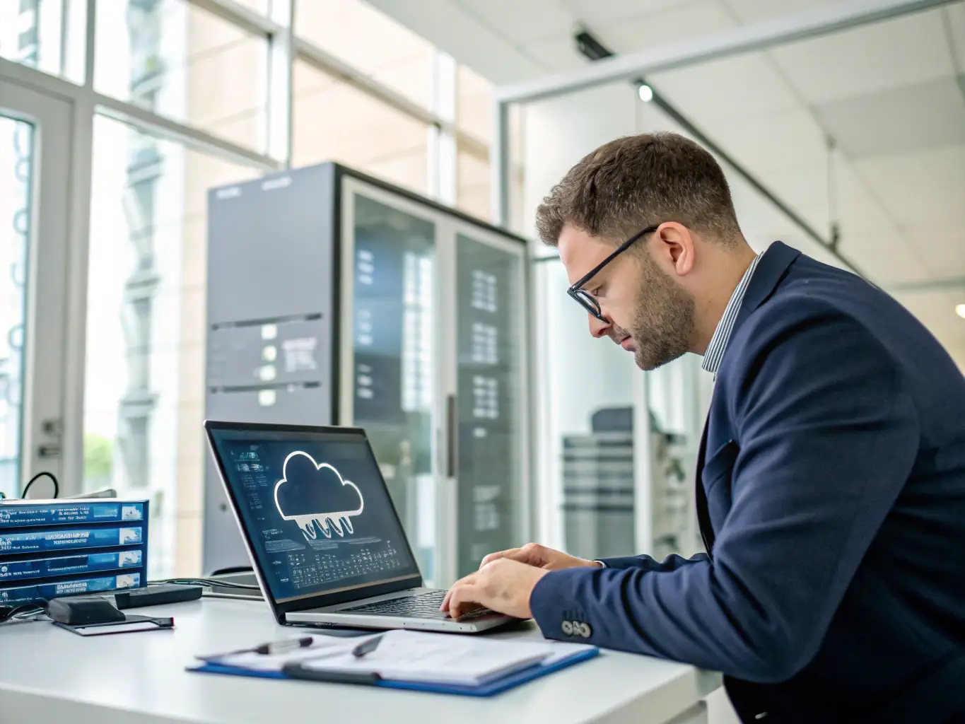 A cloud computing specialist configuring a server in a data center, illustrating the benefits of cloud migration and management.