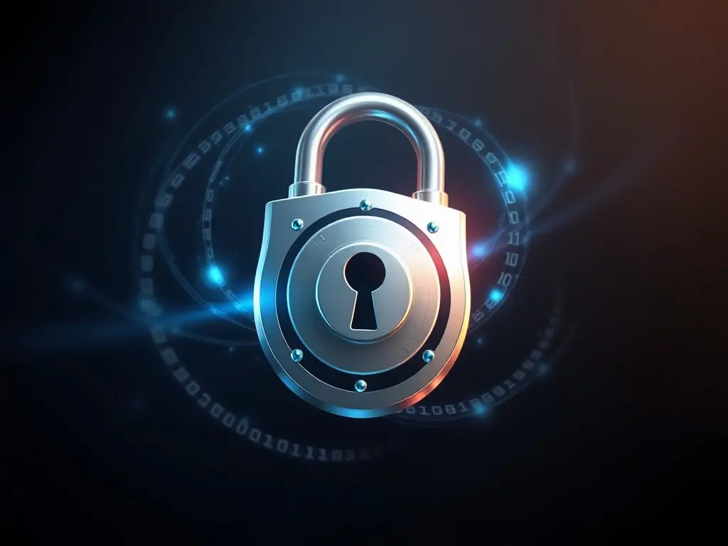 A digital illustration depicting data encryption, with a lock and key symbolizing the protection of sensitive information from unauthorized access.