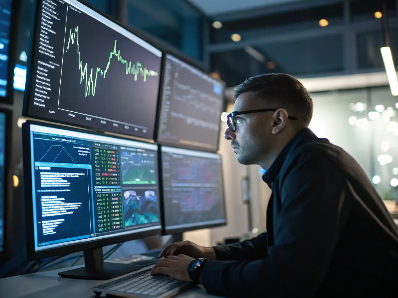 A cybersecurity expert analyzing network traffic on a computer screen, highlighting the importance of proactive threat detection and prevention.