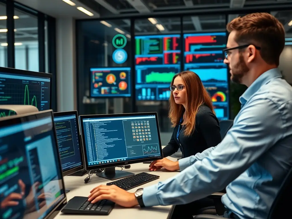 A team of cybersecurity professionals is monitoring a security operations center (SOC) dashboard, analyzing real-time threat data to detect and respond to potential security incidents.