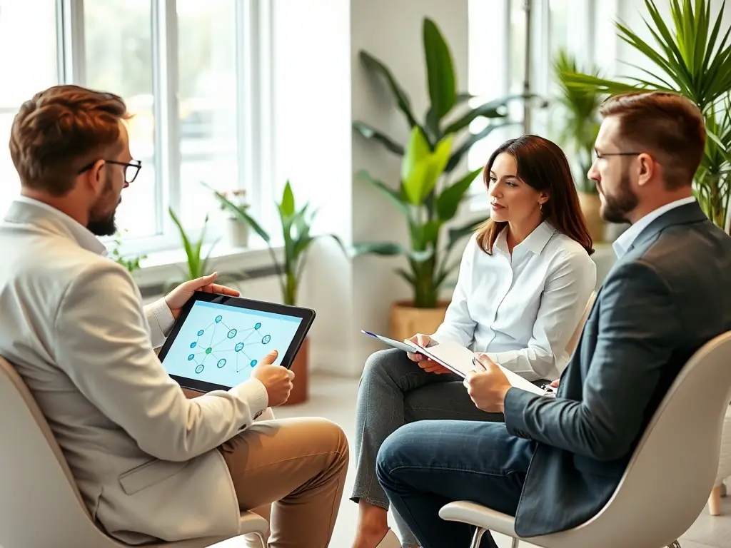 A professional IT consultant is shown analyzing a network diagram on a tablet, with a client looking on attentively in a modern office environment. The image conveys expertise and collaboration.