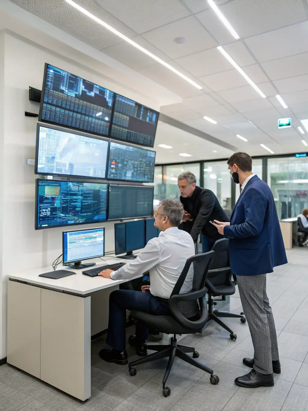 A team of cybersecurity analysts monitoring a security operations center (SOC) dashboard, with real-time threat detection and incident response capabilities.