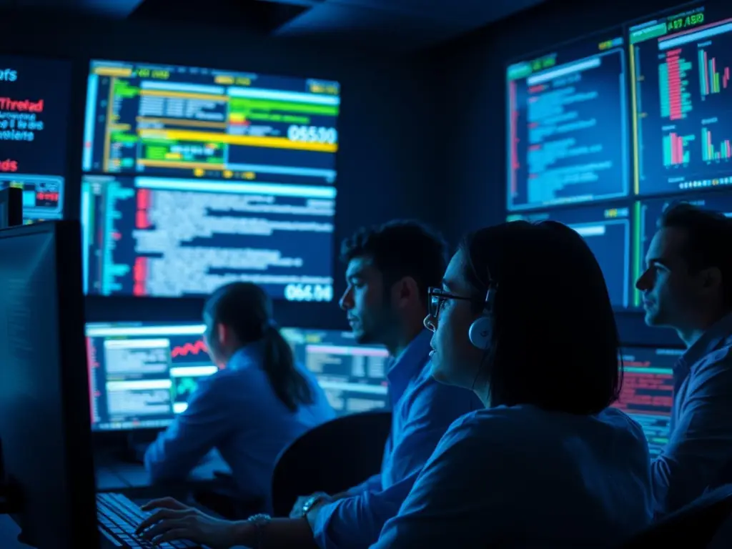 A team of cybersecurity experts collaborating in a security operations center, monitoring network traffic and responding to potential security incidents in real-time.