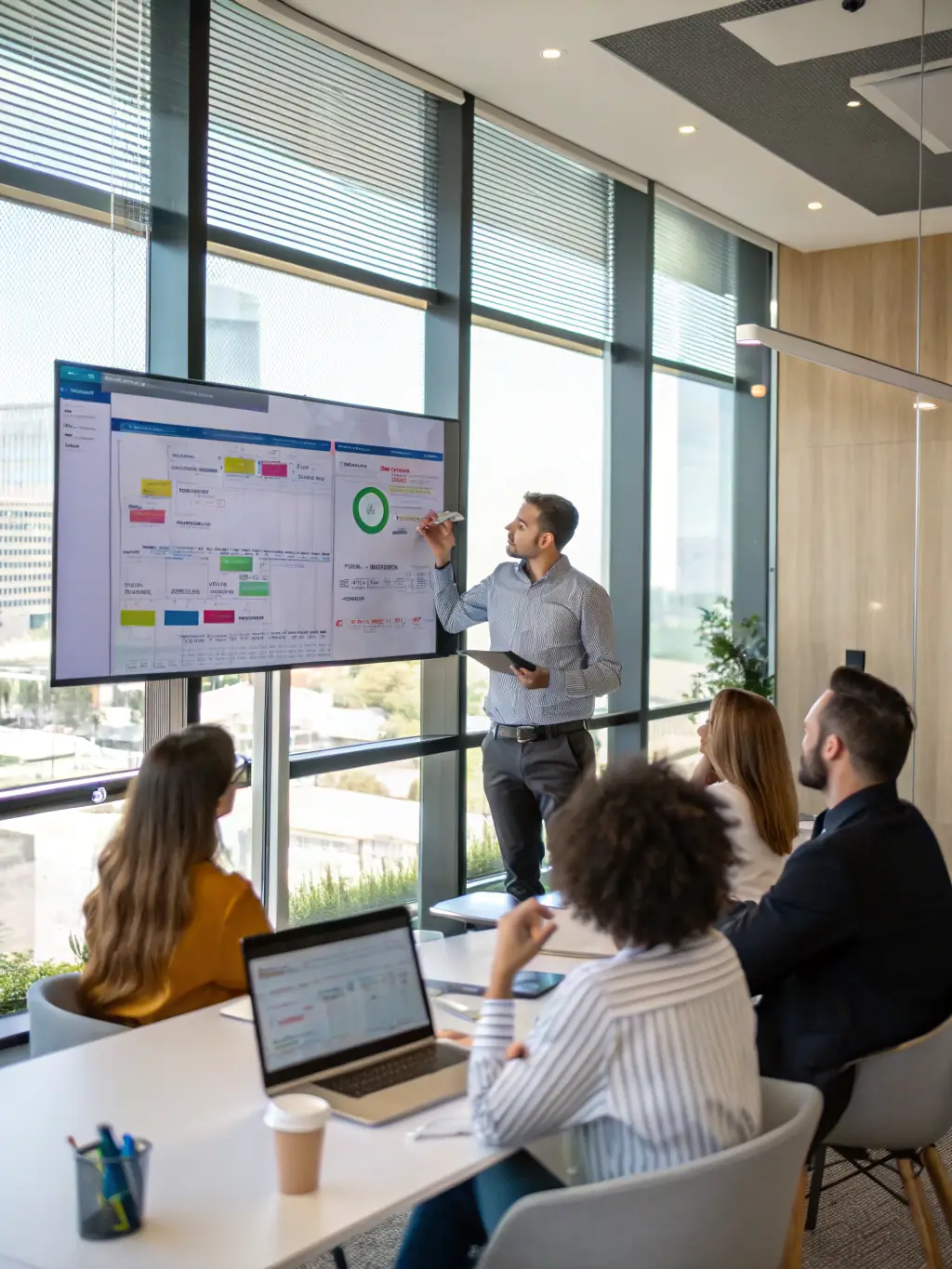 A project manager leading a team in a modern office, discussing IT project timelines and deliverables on a large screen, showcasing CMB Management Group's IT project management capabilities.