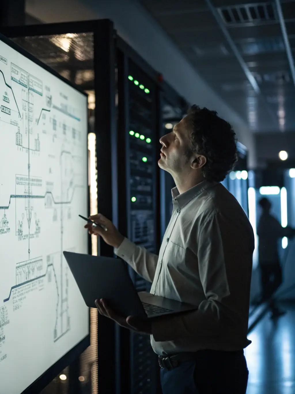 A professional IT consultant analyzing network infrastructure with a focused expression, surrounded by server racks and glowing monitors in a modern data center environment, emphasizing CMB Management Group's expertise in IT management.