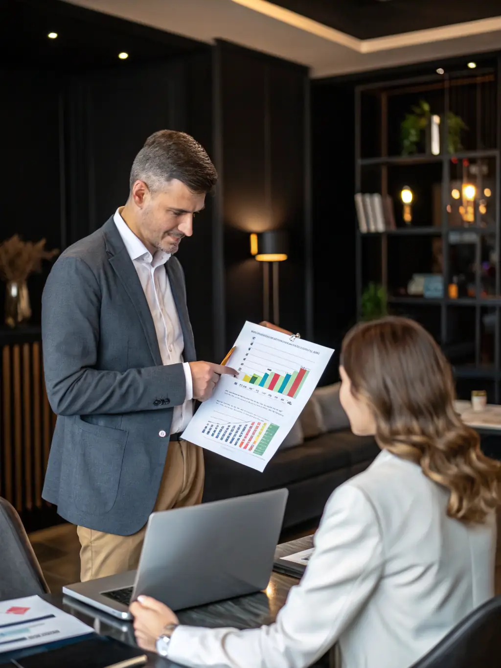 A consultant presenting a data-driven report to a client, highlighting key performance indicators and strategic recommendations for IT improvements, demonstrating CMB Management Group's consulting approach.