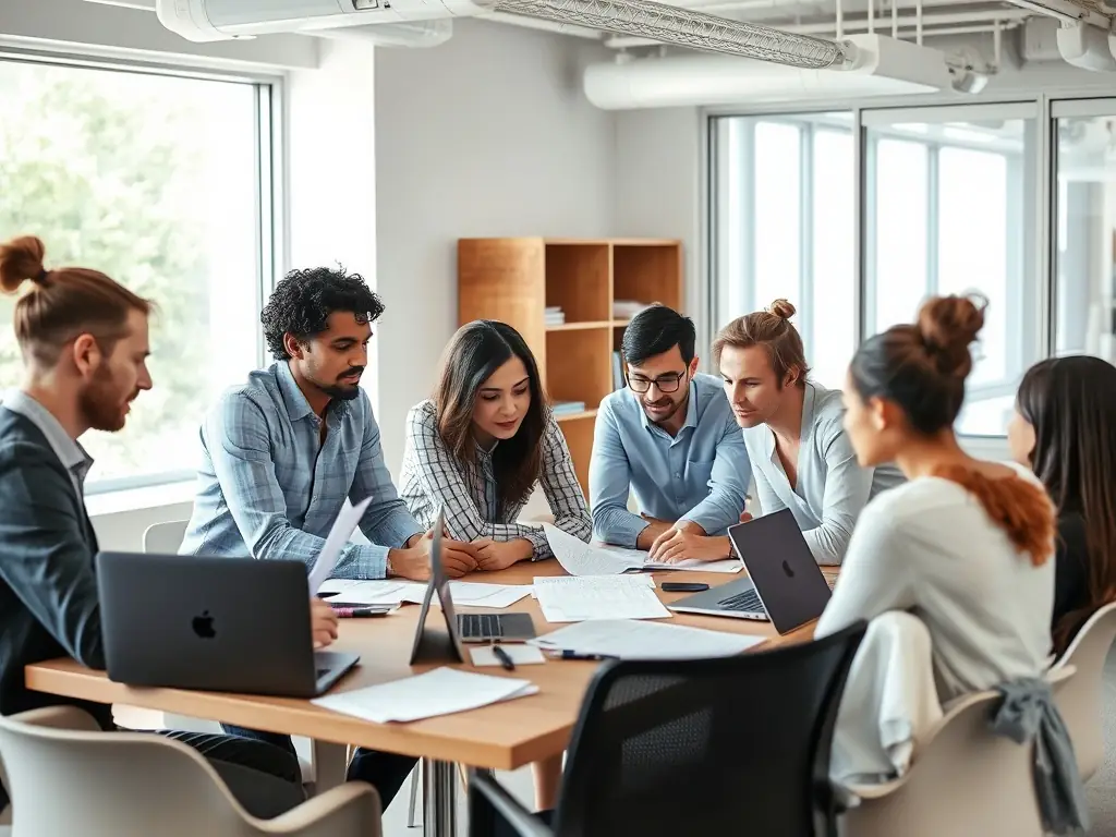 A diverse team of IT consultants collaborating on a cybersecurity strategy, using laptops and tablets to analyze data and identify potential threats.