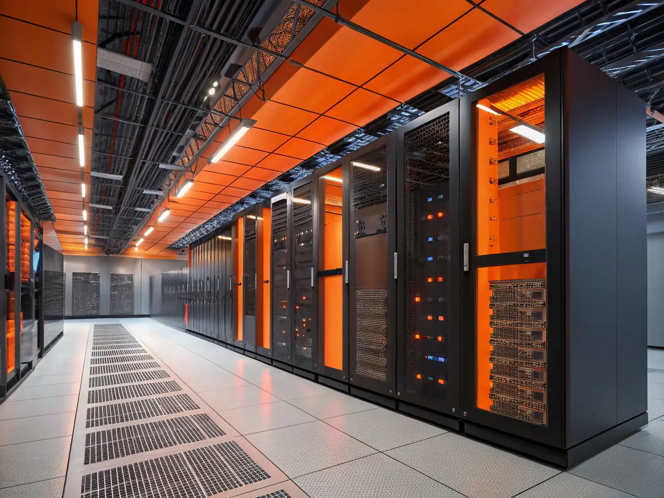 A secure data center with multiple servers and advanced security measures, representing the secure storage and management of sensitive business data.