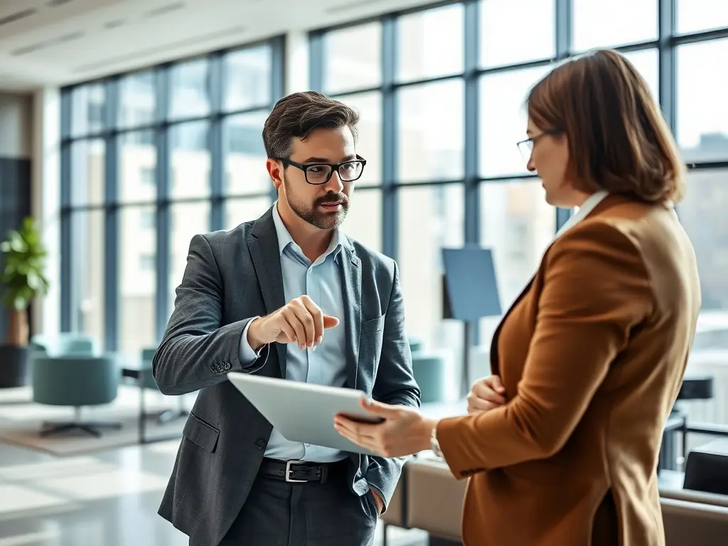 A consultant reviewing a network diagram with a client in a modern office setting, emphasizing collaboration and strategic planning.
