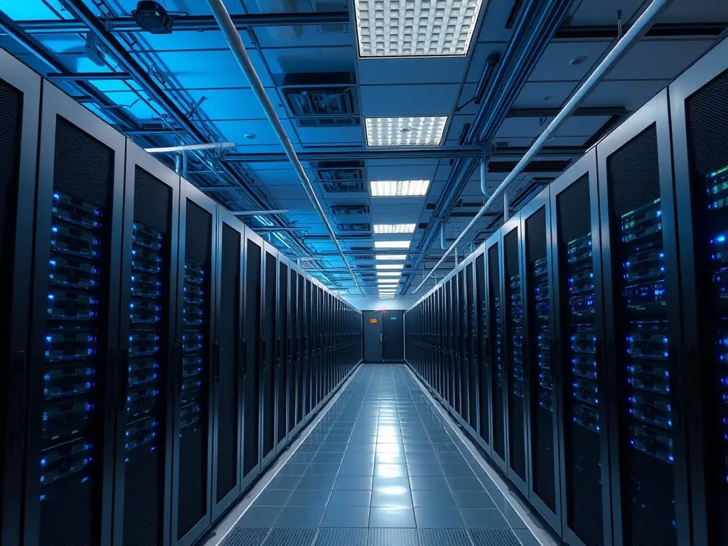 A secure data center is shown with servers and blinking lights, symbolizing data protection and security. The image represents the importance of secure IT infrastructure.